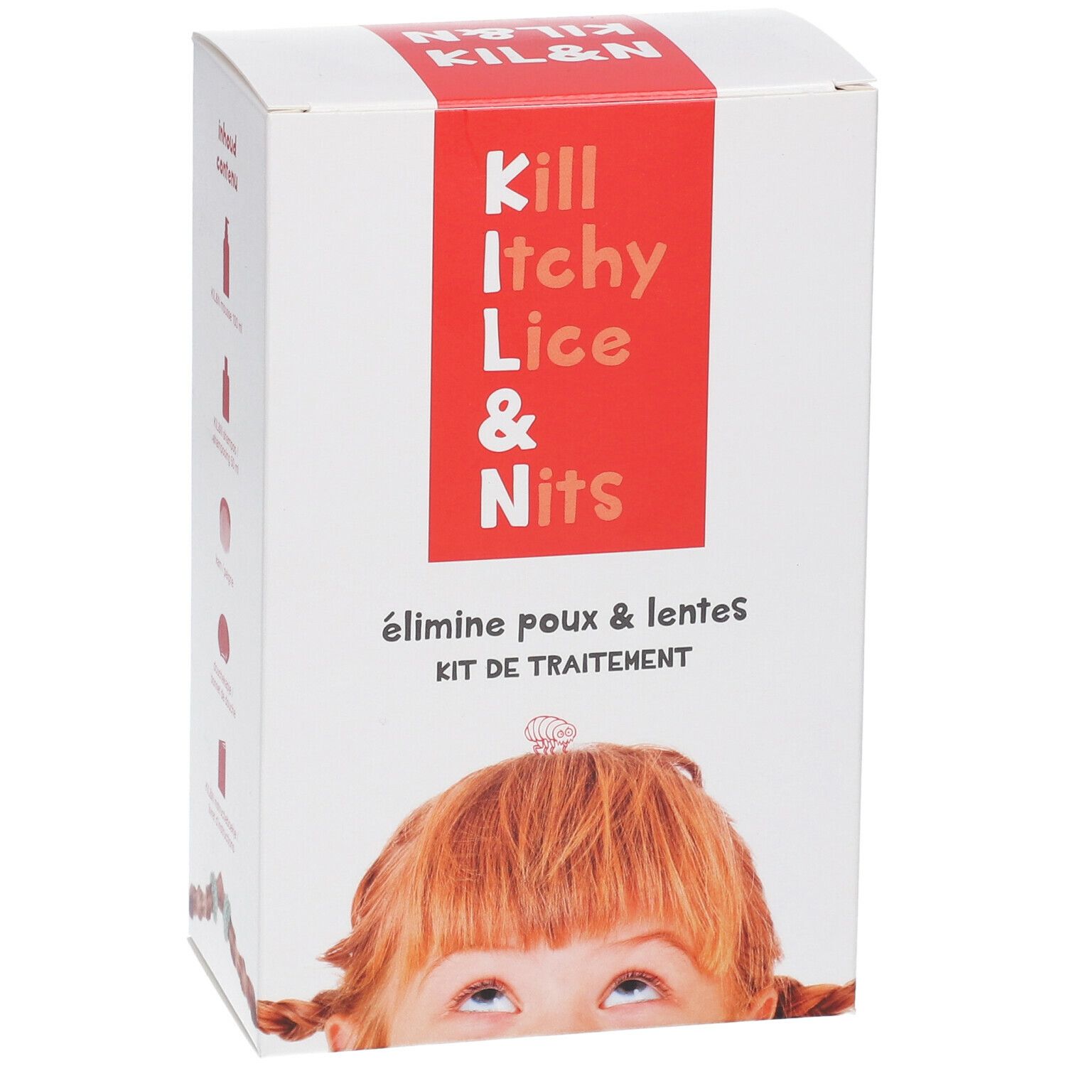 Confezione con fascia rossa e testo: Kill Itchy Lice & Nits. Francese: élimine poux & lentes, KIT DE TRAITEMENT. Simboli del contenuto.