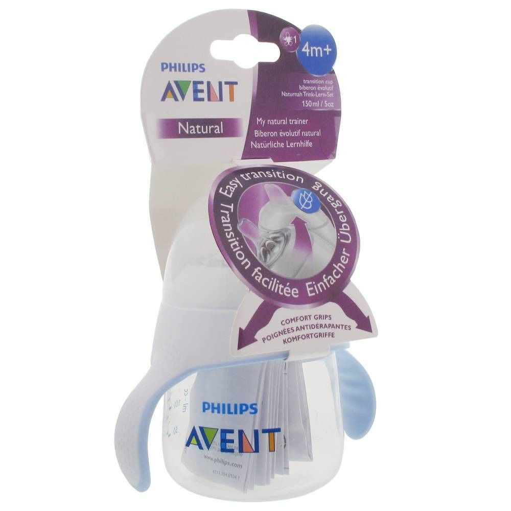 Tazza trainer con manici, confezione. Marchio Philips Avent. Consigliato per 4m+. Testo: Easy transition, 150ml/5oz.