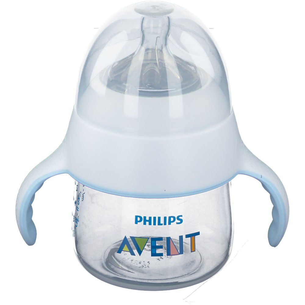 Tazza trainer con manici. Contenitore trasparente, coperchio e manici bianchi. Marchio Philips Avent.