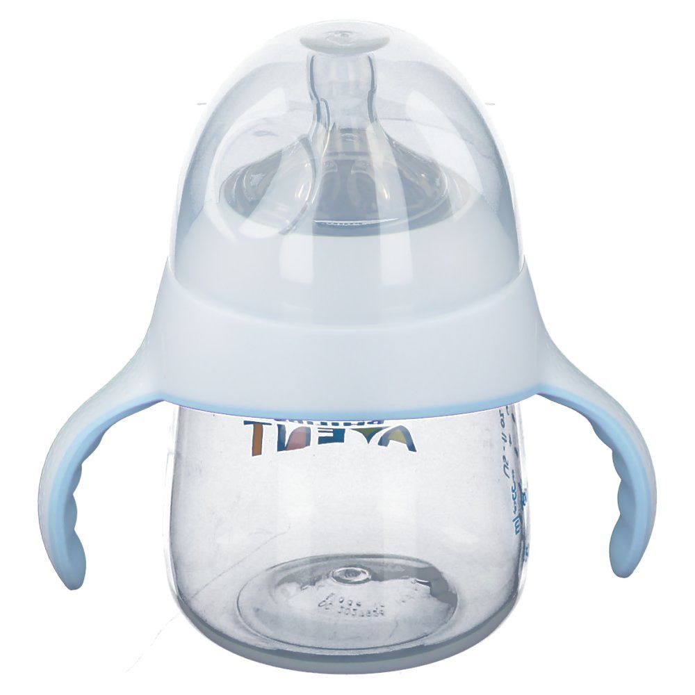 Tazza trainer con manici. Contenitore trasparente, coperchio e manici bianchi. Marchio Philips Avent.