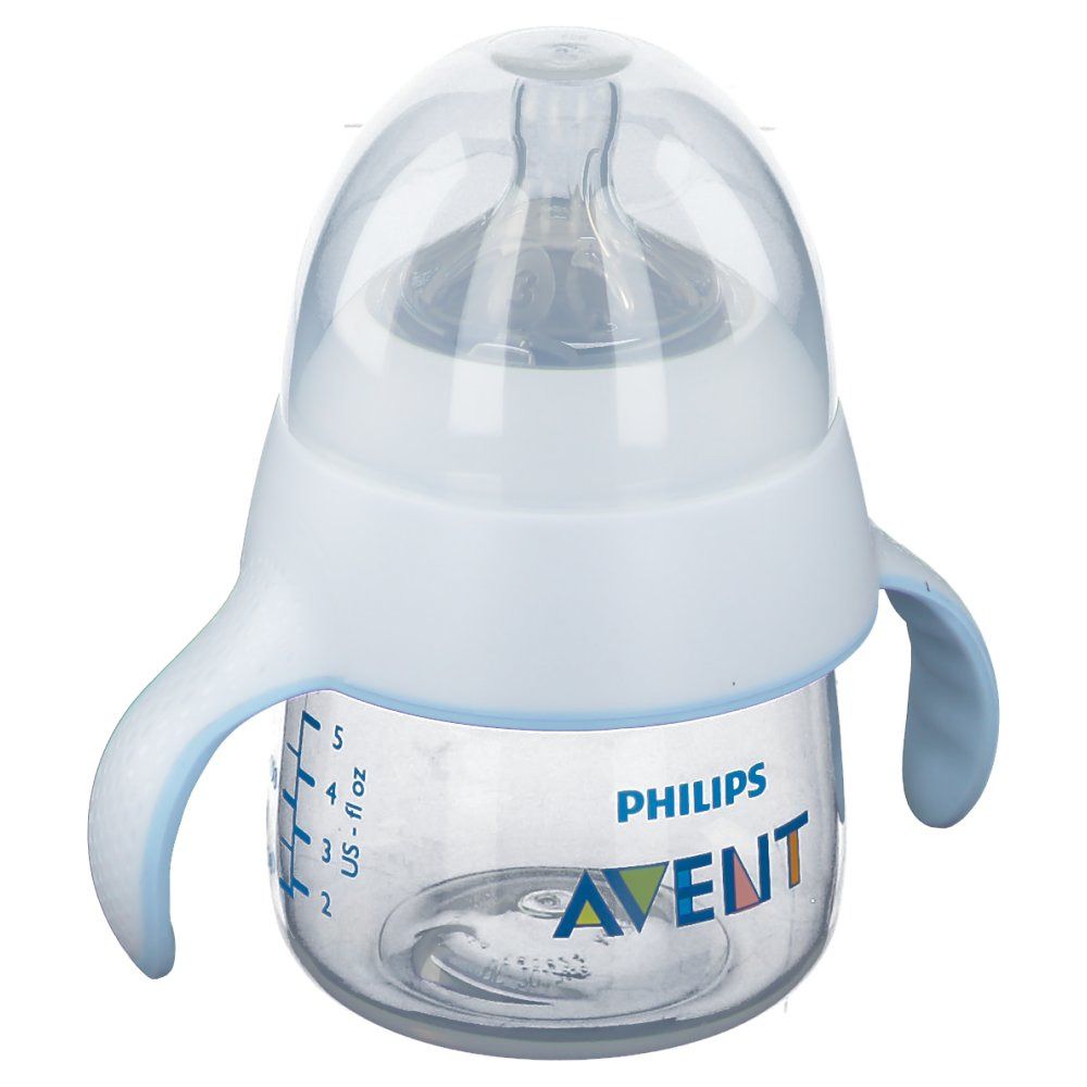 Tazza trainer con manici. Contenitore trasparente, coperchio e manici bianchi. Marchio Philips Avent. Scala in ml e oz.