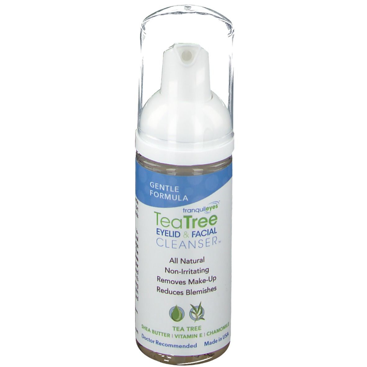 Detergente per palpebre e viso. Erogatore bianco con coperchio trasparente. Etichette blu e bianche con informazioni.