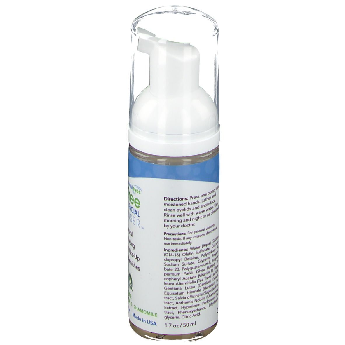 Retro del detergente per palpebre e viso. Contiene ingredienti e istruzioni. Erogatore bianco con coperchio trasparente.