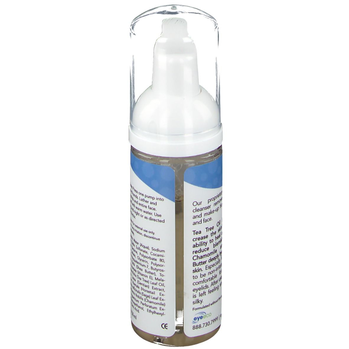 Vista laterale del detergente per palpebre e viso. Contiene informazioni e istruzioni. Erogatore bianco con coperchio trasparente.