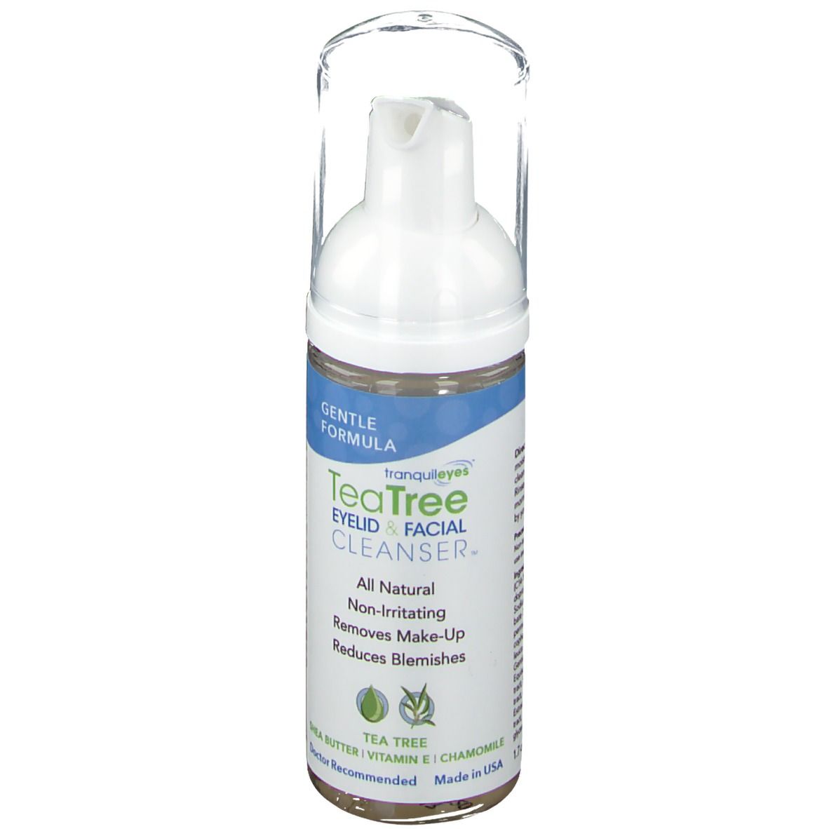 Detergente per palpebre e viso. Erogatore bianco con coperchio trasparente. Etichette blu e bianche con informazioni.