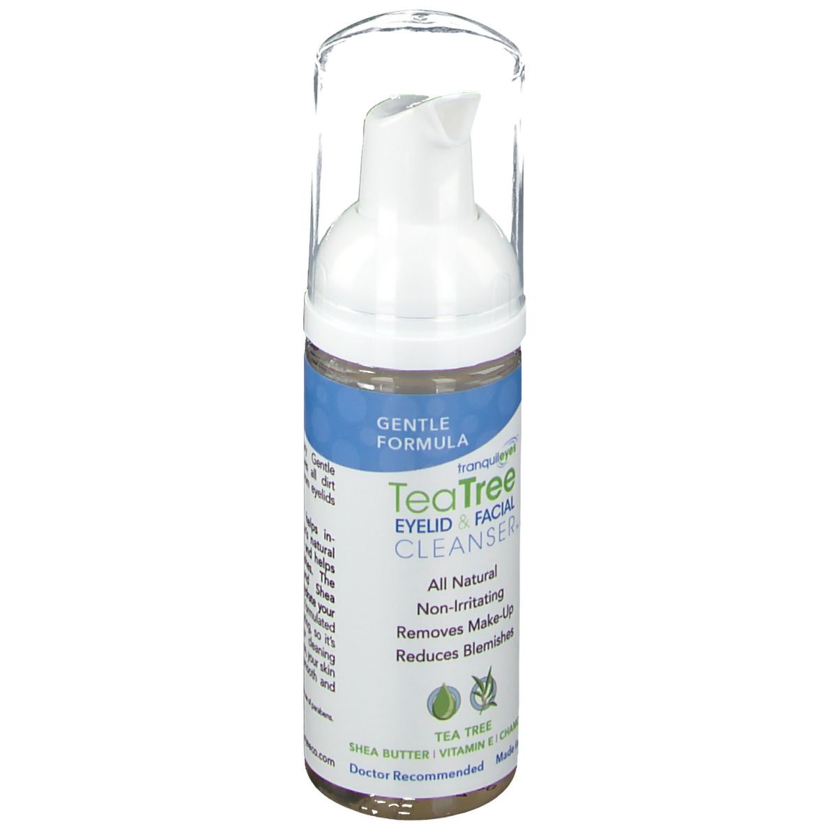 Detergente per palpebre e viso. Erogatore bianco con coperchio trasparente. Etichette blu e bianche con informazioni.