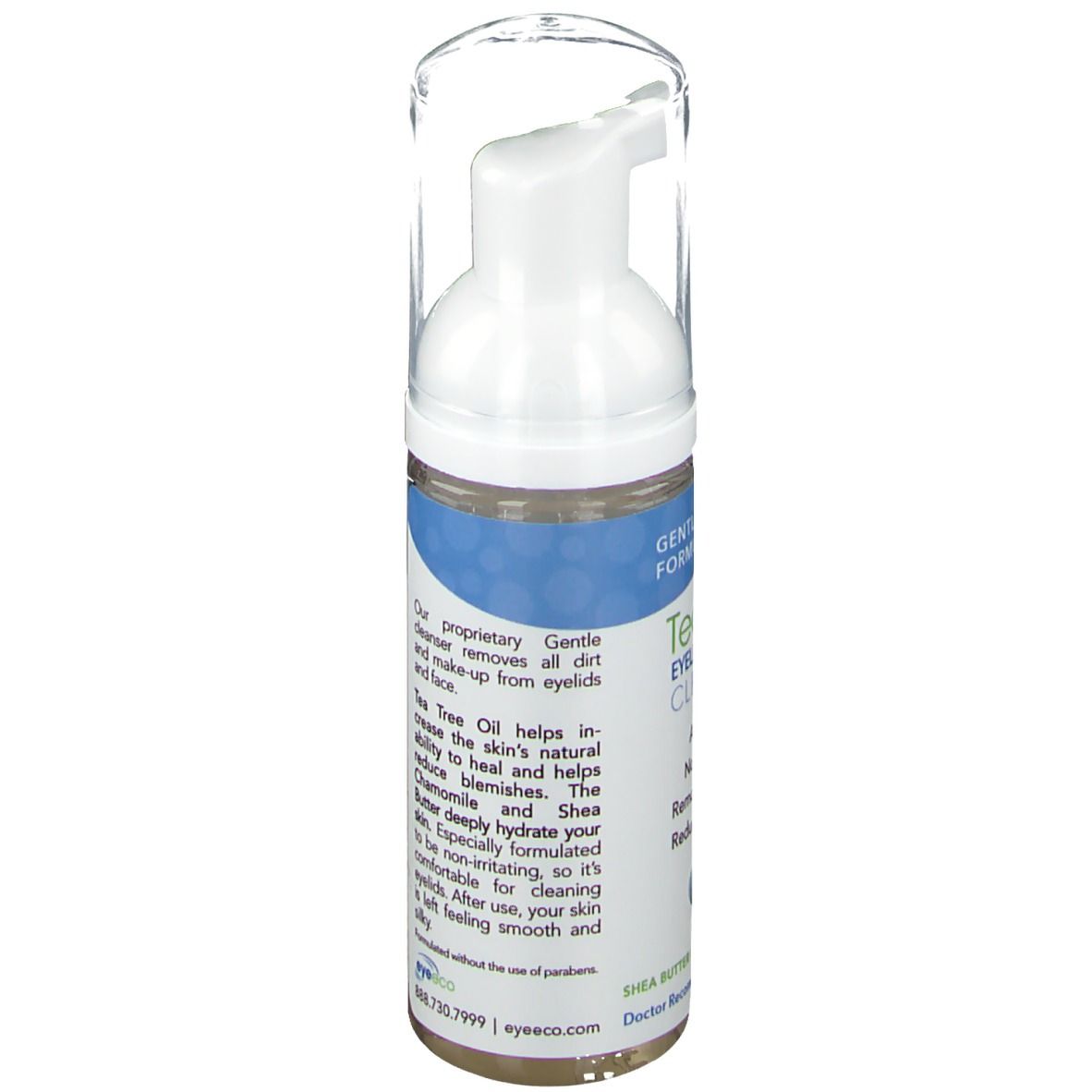 Vista laterale del detergente per palpebre e viso. Contiene informazioni e istruzioni. Erogatore bianco con coperchio trasparente.