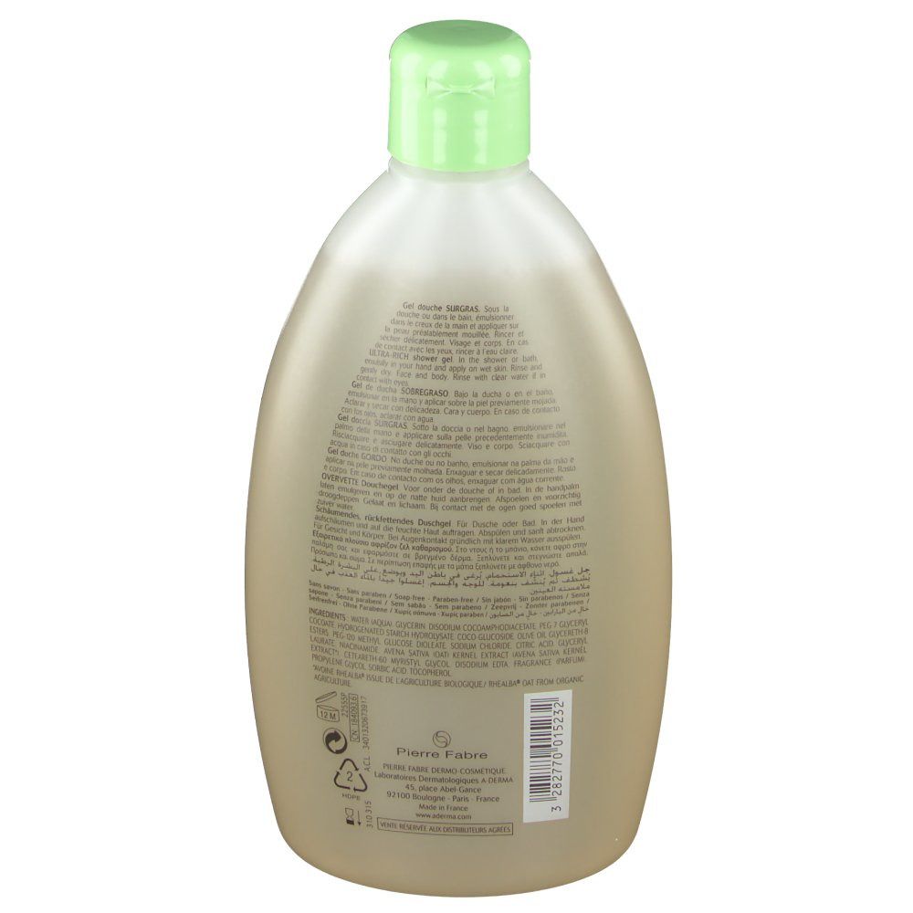 A-Derma Hafermilch Duschgel Überfett. Retro della bottiglia. Testo multilingue. Tappo verde.