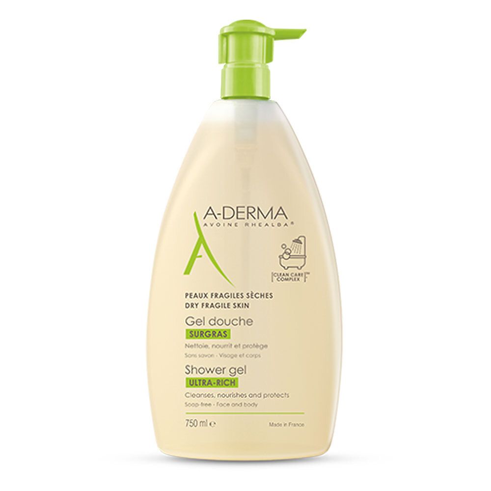 Flacone di gel doccia beige con erogatore verde. Scritte: A-DERMA, Gel douche, SURGRAS, Shower gel, ULTRA-RICH. 750 ml.