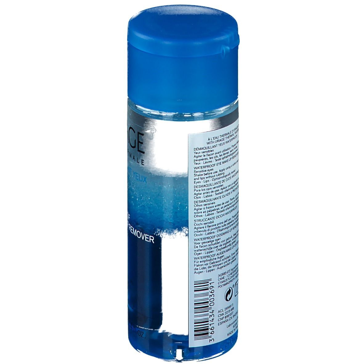 Struccante occhi Uriage. Flacone blu con tappo blu. Vista del prodotto.