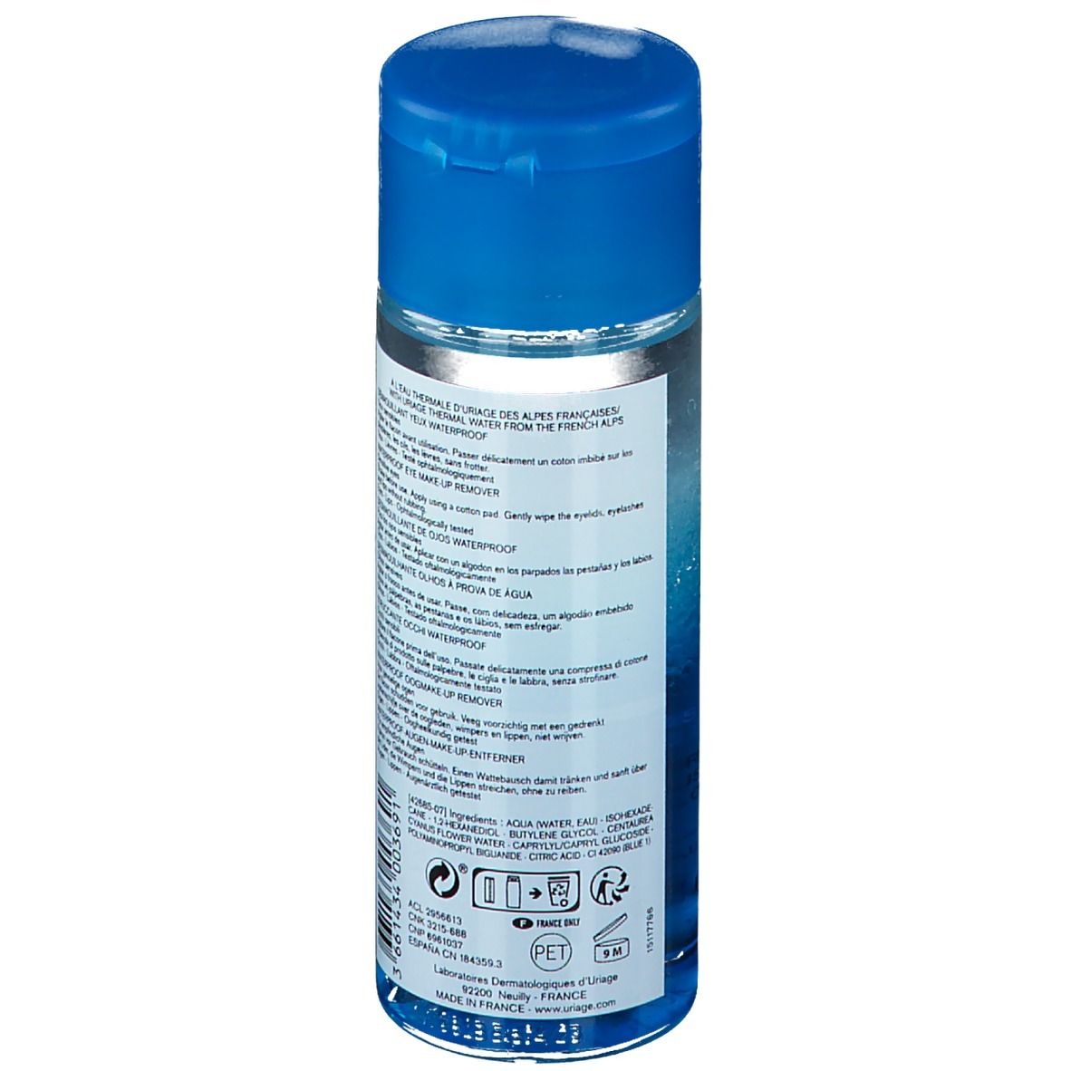 Struccante occhi Uriage. Flacone blu con tappo blu. Vista del prodotto.
