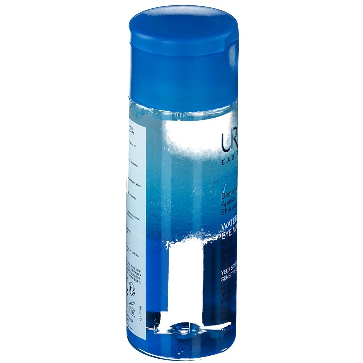 Struccante occhi Uriage. Flacone blu con tappo blu. Vista del prodotto.