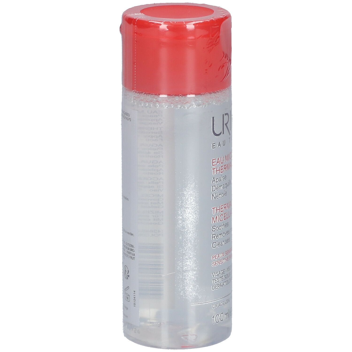 Uriage Acqua Micellare Termale. Flacone trasparente, tappo rosso. Nome del prodotto e testo sull'etichetta.