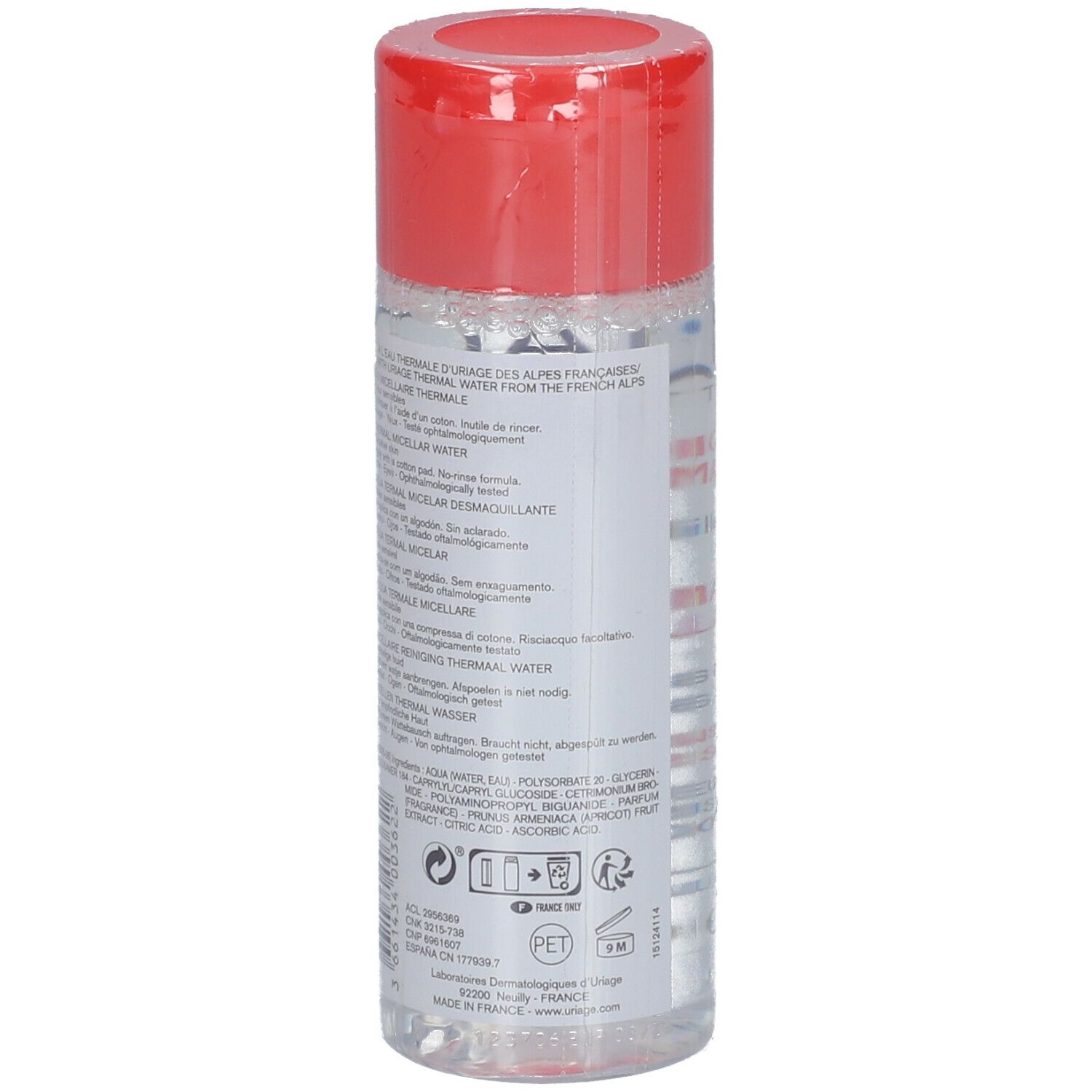 Uriage Acqua Micellare Termale. Flacone trasparente, tappo rosso. Nome del prodotto e testo sull'etichetta.