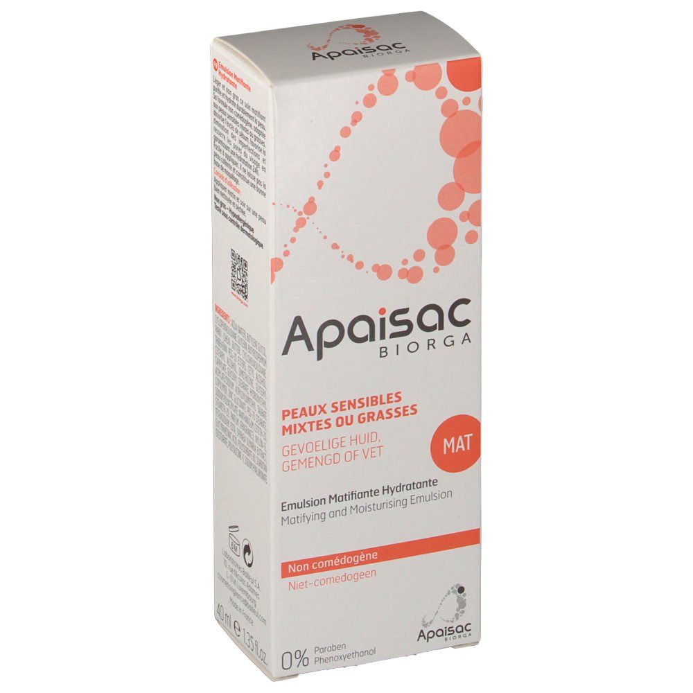 Scatola bianca Apaisac Biorga. Testo: Peaux sensibles mixtes du grasses, Emulsion Matifiante Hydratante. Punti arancioni.