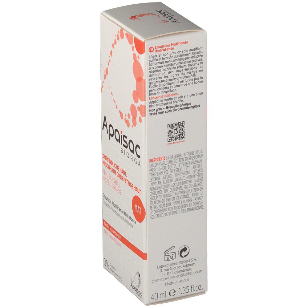 Scatola bianca Apaisac Biorga. Testo: Empfindliche Haut, Mischhaut oder fettige Haut, Emulsion Matifiante Hydratante. Punti arancioni.