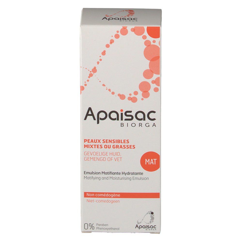 Scatola bianca Apaisac Biorga. Testo: Peaux sensibles mixtes ou grasses, Emulsion Matifiante Hydratante. Punti arancioni.