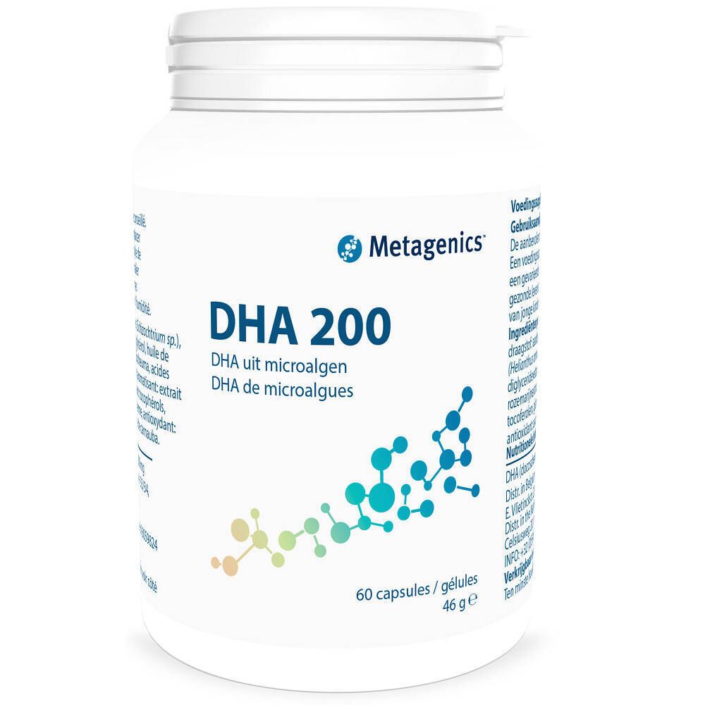 Flacone bianco di DHA 200. Logo Metagenics. Scritta: DHA uit microalgen, DHA de microalgues. 60 capsule.