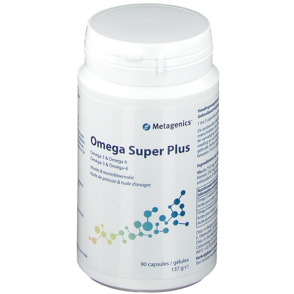 Confezione bianca di capsule Omega Super Plus. Logo Metagenics. Scritta: Omega 3 & Omega 6, 90 capsule.