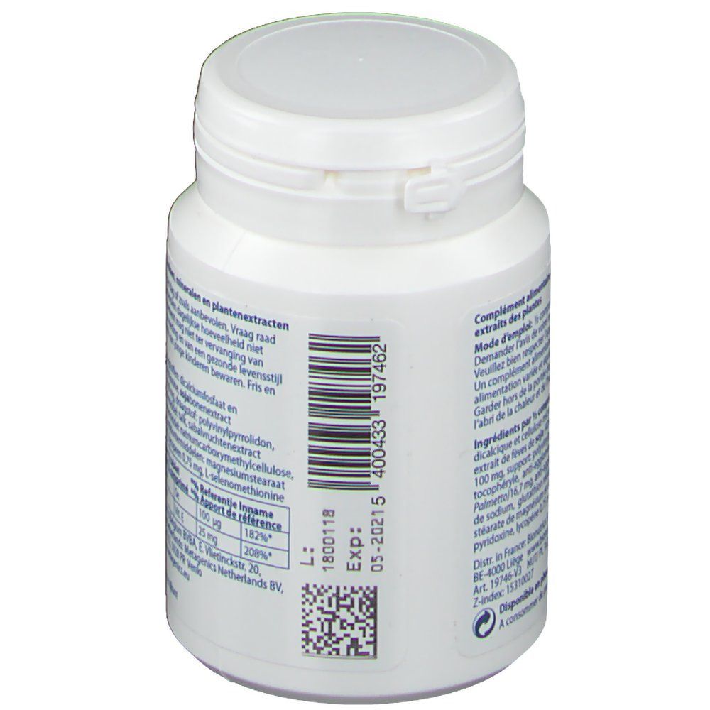 Flacone di compresse bianco, retro con codice a barre, codice QR e data di scadenza. Coperchio con chiusura a scatto.