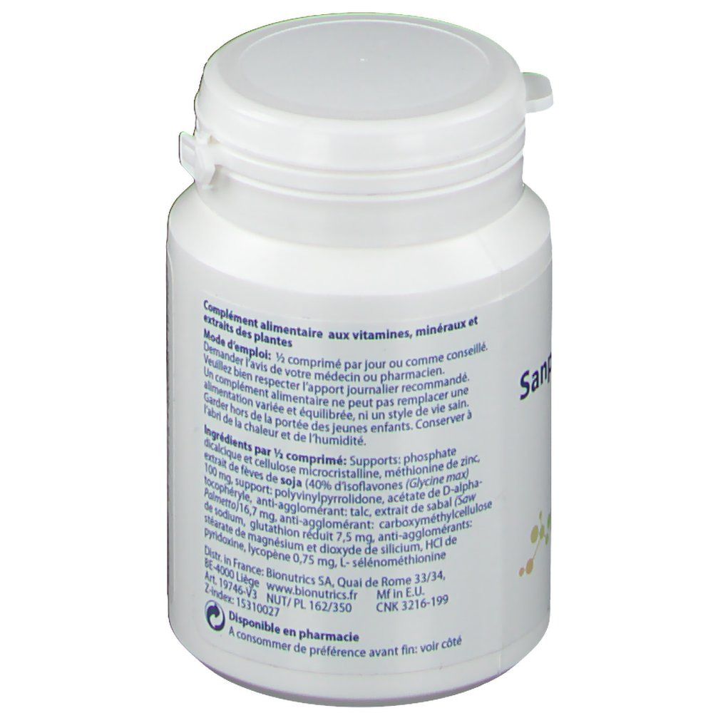 Flacone di compresse bianco con testo Sanprogin. Retro con elenco ingredienti. Coperchio con chiusura a scatto.