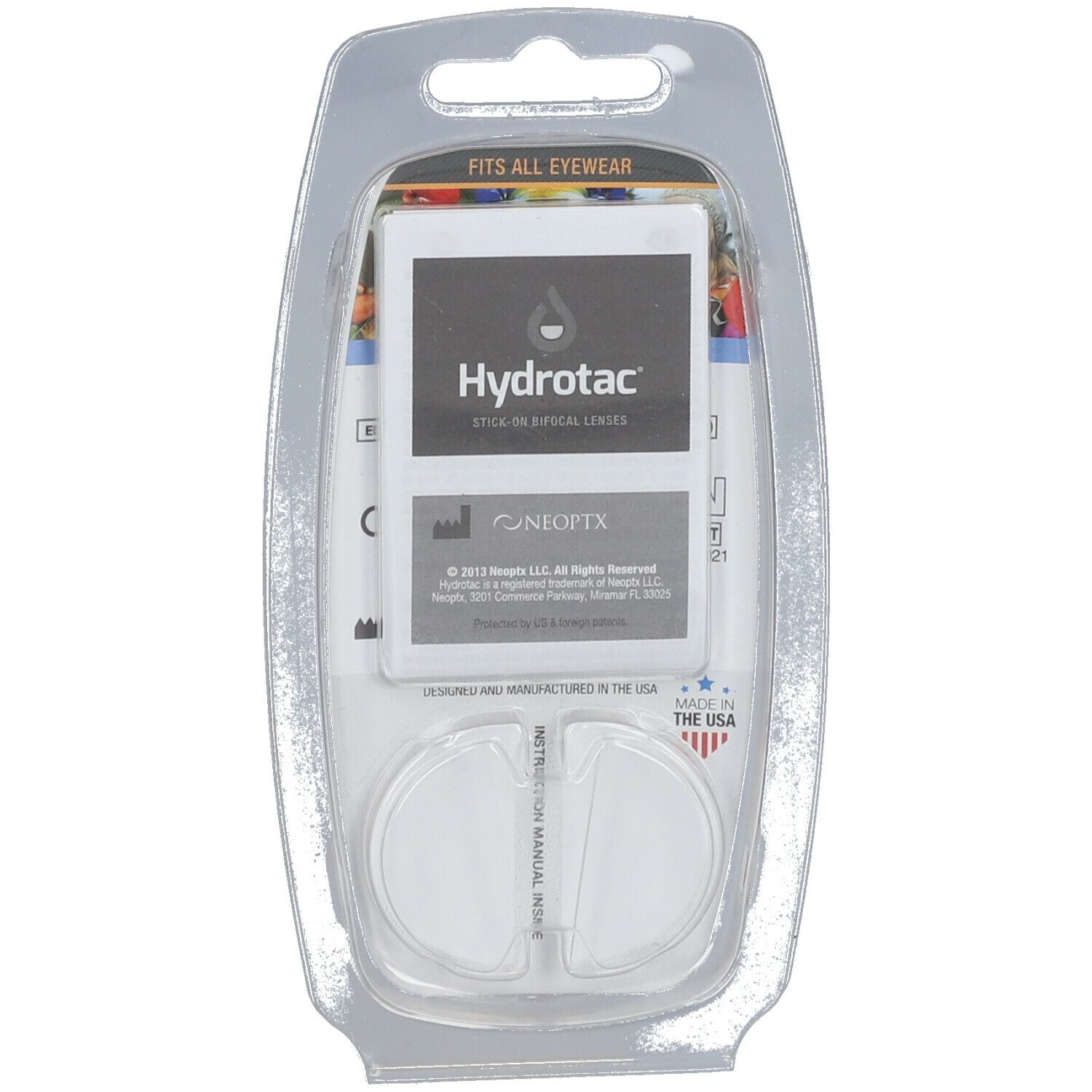 Confezione di lenti bifocali Hydrotac. Contiene due lenti trasparenti. Testo: Stick-on Bifocal Lenses. Prodotto negli Stati Uniti.