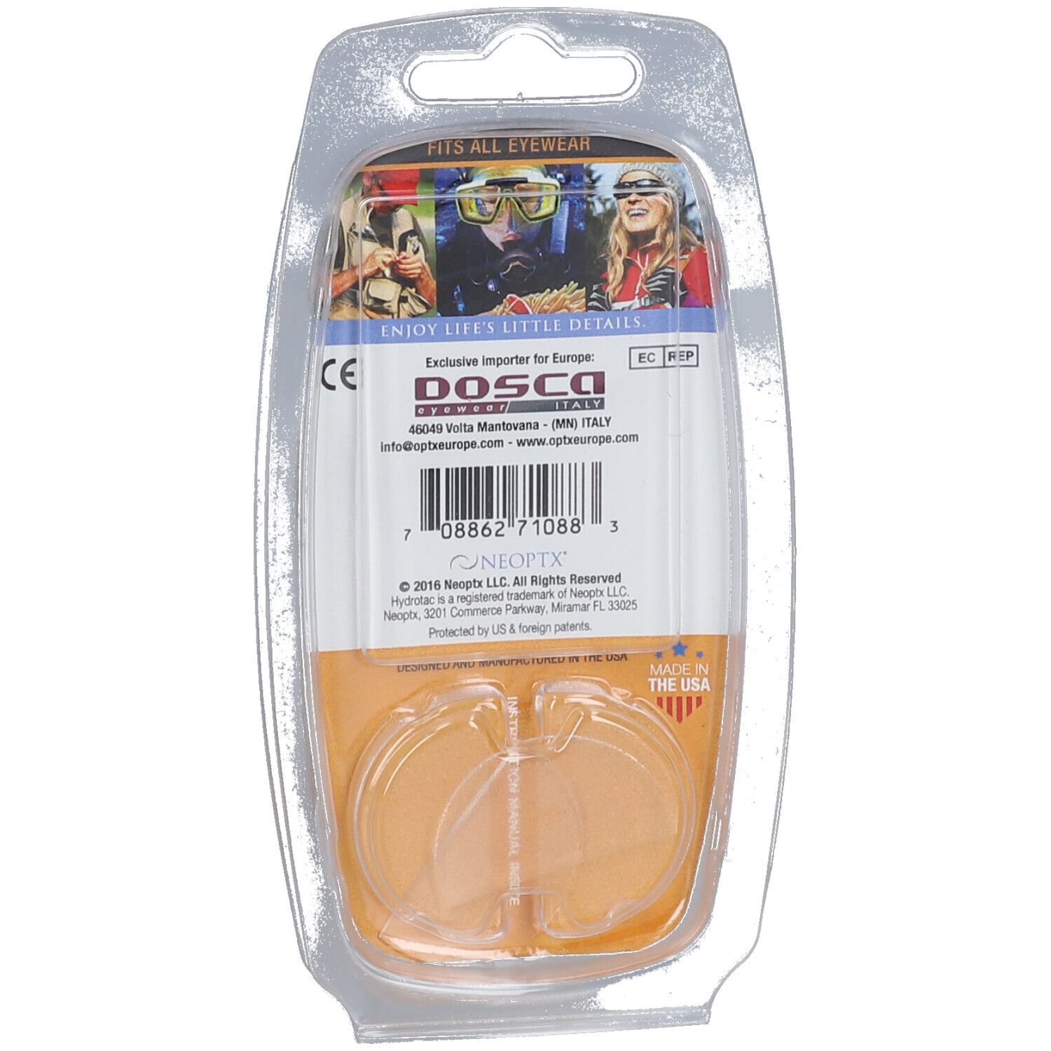 Retro della confezione Hydrotac. Contiene informazioni e marchio CE. Prodotto negli Stati Uniti.