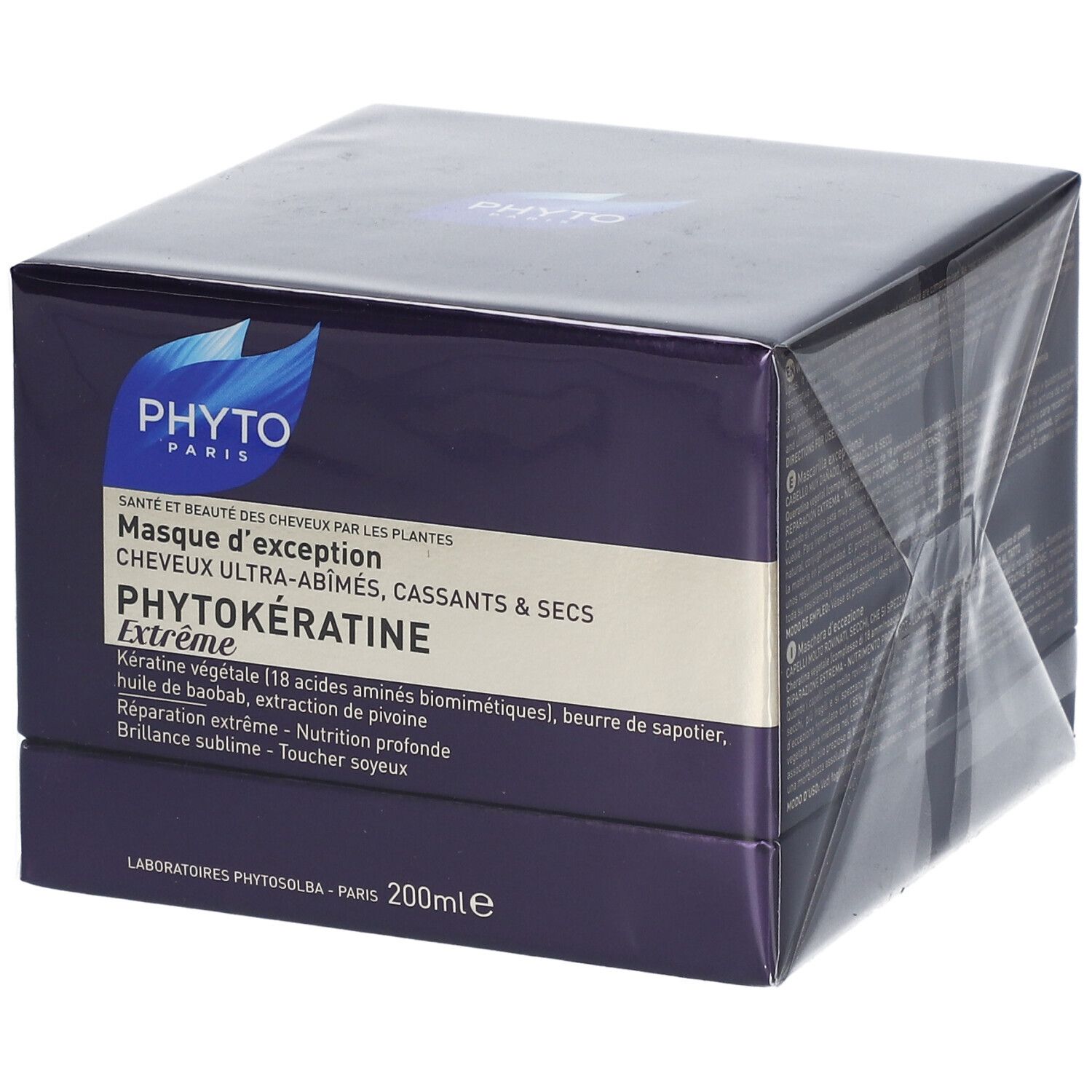 Scatola viola scuro con logo e nome del prodotto. Testo: PHYTOKÉRATINE Extrême Maske. 200ml.