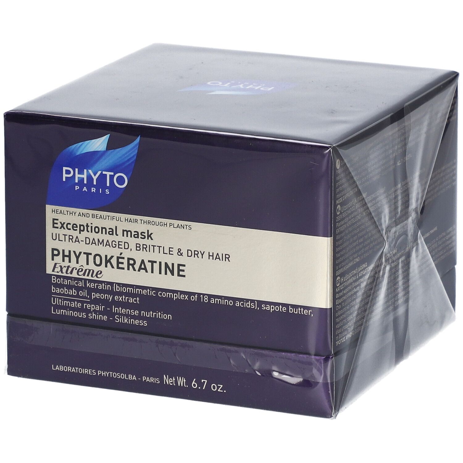 Scatola viola scuro con logo e nome del prodotto. Testo: PHYTOKÉRATINE Extrême. Netto 6.7 oz.
