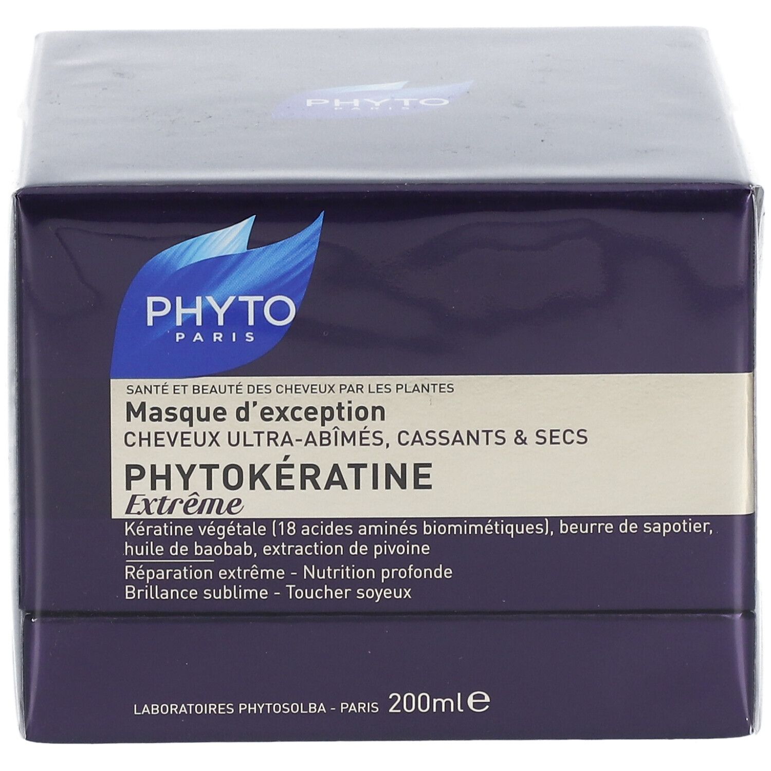 Scatola viola scuro con logo e nome del prodotto PHYTOKÉRATINE Extrême. Testo: 200ml.