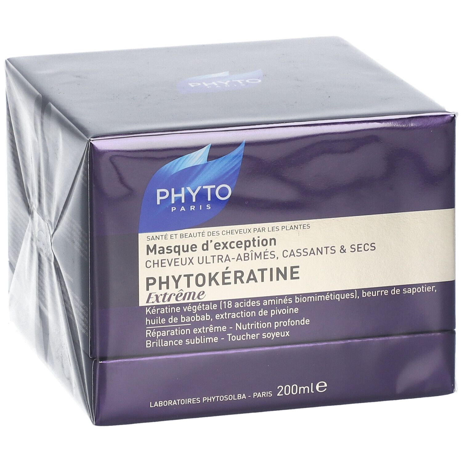 Scatola viola scuro con logo e nome del prodotto PHYTOKÉRATINE Extrême. Testo: 200ml.