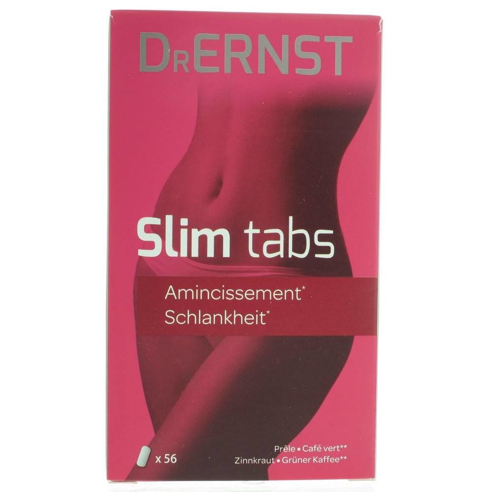 Scatola rosa con "Dr. Ernst Slim tabs". Testo: "Amincissement, Schlankheit". In basso: x56 compresse. Illustrazione di una donna.