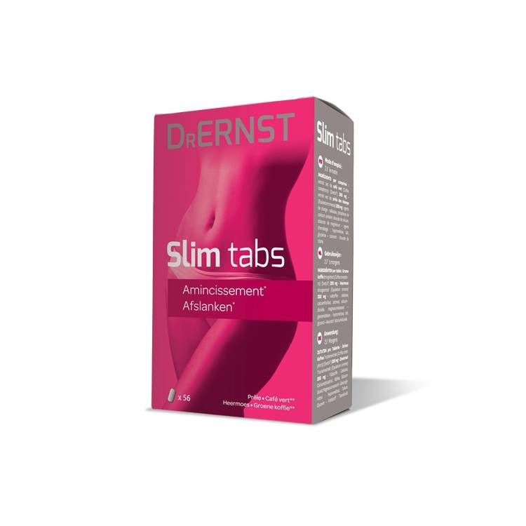 Scatola "Dr. Ernst Slim tabs" rosa. Testo: "Amincissement, Afslanken". Lato con informazioni sul prodotto. x56 compresse.
