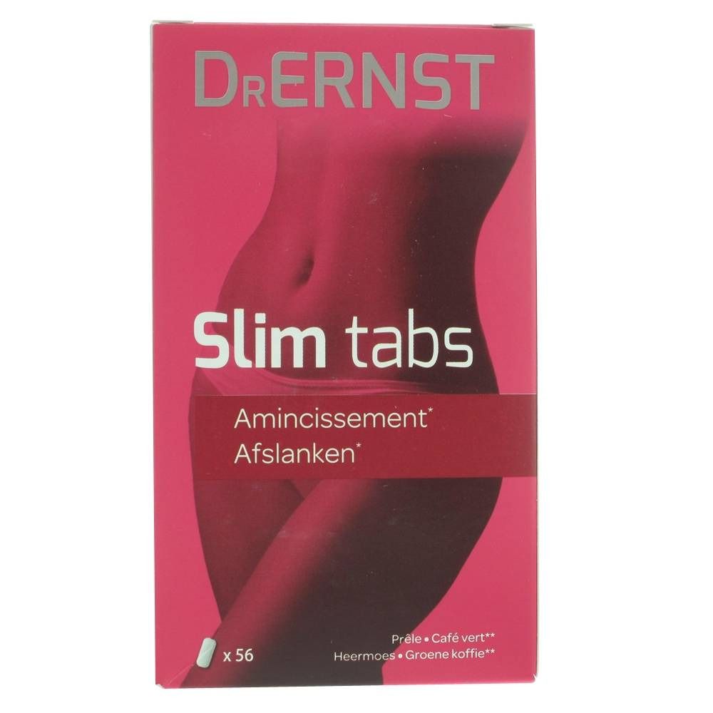 Scatola rosa con "Dr. Ernst Slim tabs". Testo: "Amincissement, Afslanken". In basso: x56 compresse. Illustrazione di una donna.