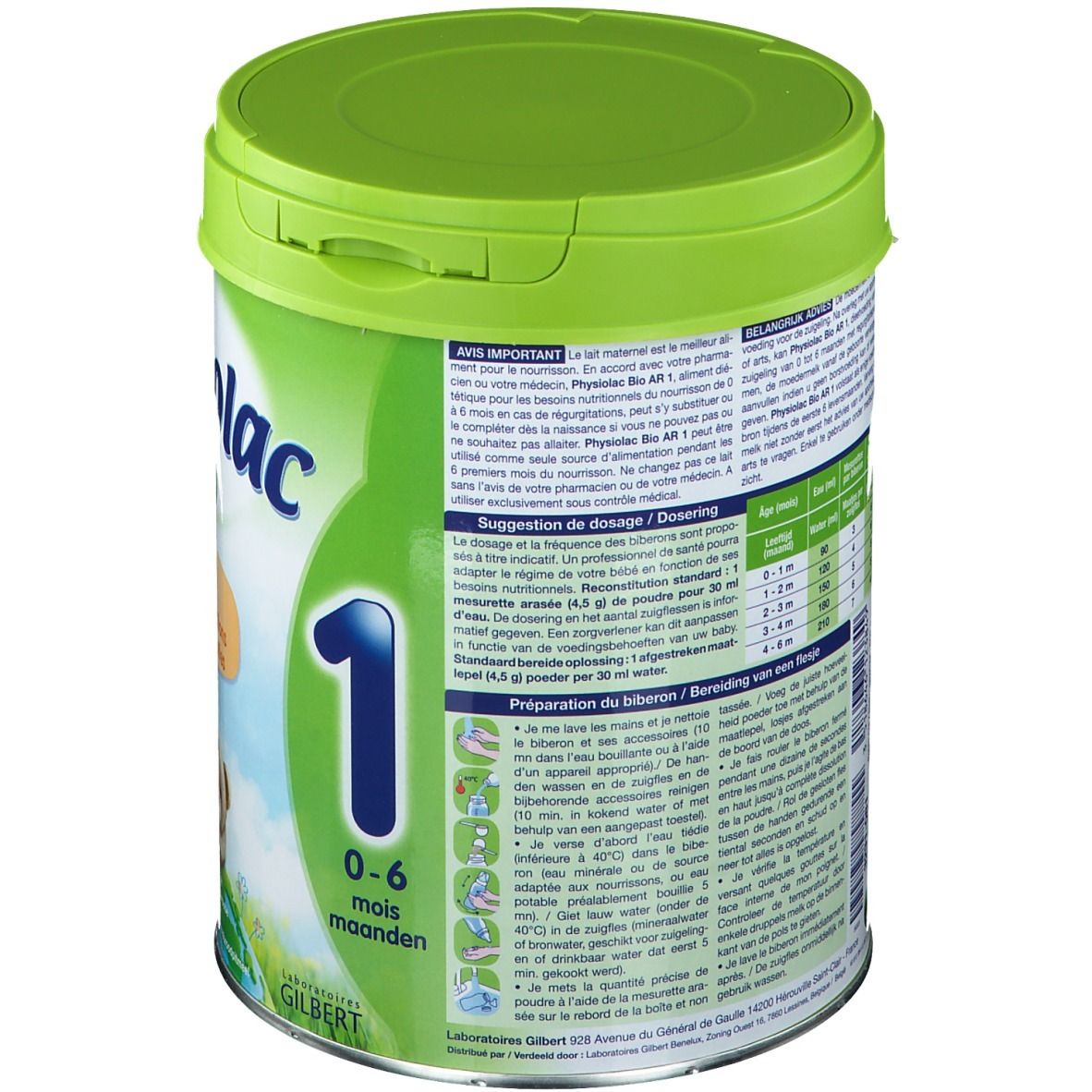 Lattina verde Physiolac Bio AR 1. Retro con istruzioni per dosaggio e preparazione. Testo multilingue.