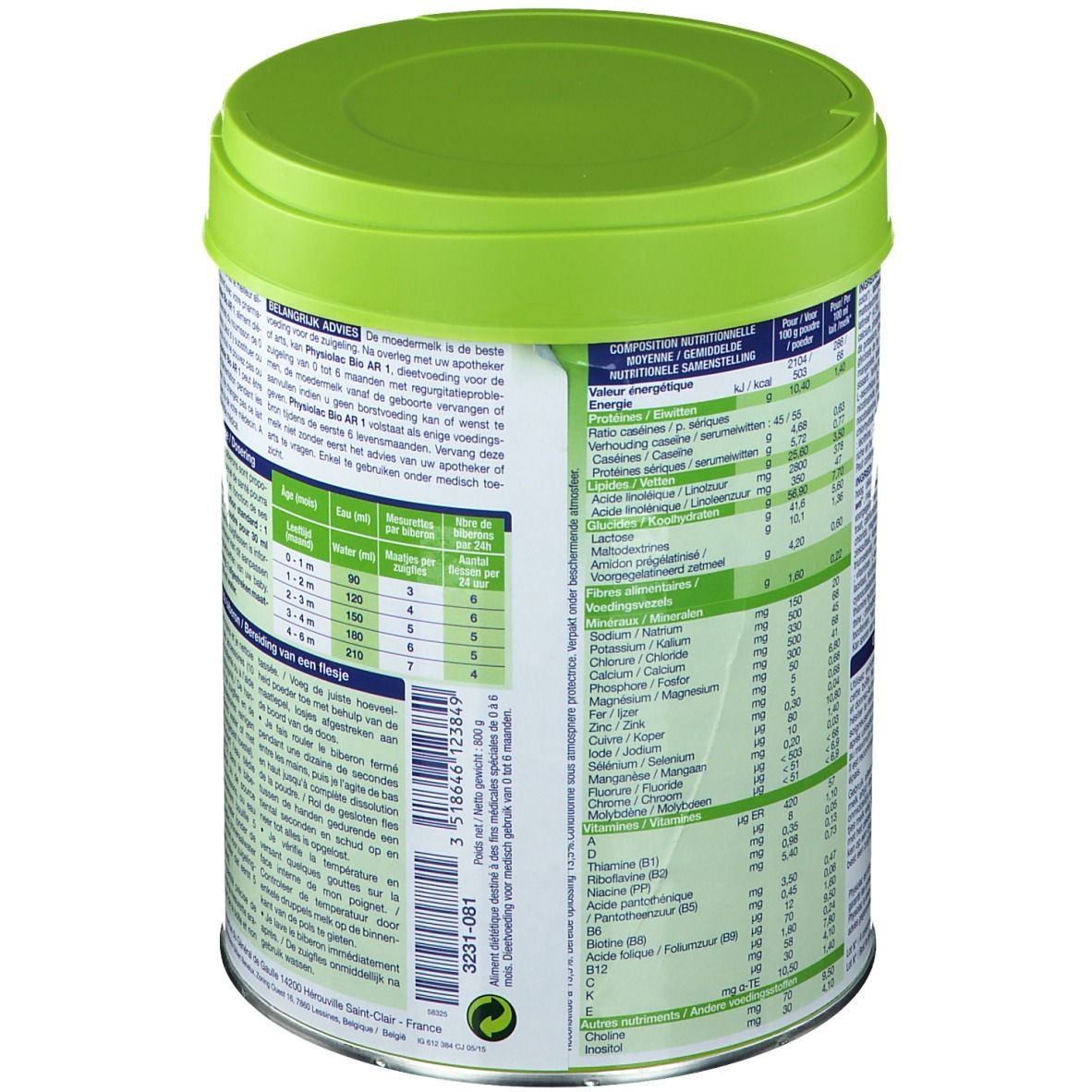 Lattina verde Physiolac Bio AR 1. Retro con informazioni nutrizionali e ingredienti. Testo multilingue.