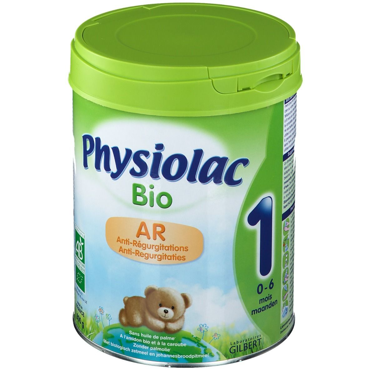 Lattina verde Physiolac Bio AR 1, illustrazione orsetto. Testo: Anti-Regurgito, 0-6 mesi. Sigillo AB.