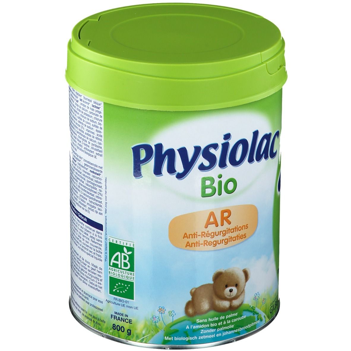 Lattina verde Physiolac Bio AR 1, orsetto. Testo: Anti-Regurgito, 0-6 mesi. Sigillo AB, 800g.
