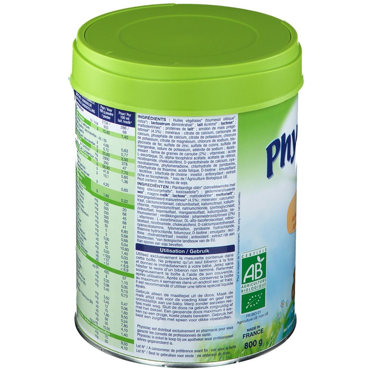 Lattina verde Physiolac Bio AR 1. Retro con informazioni nutrizionali, ingredienti e sigillo AB. 800g.