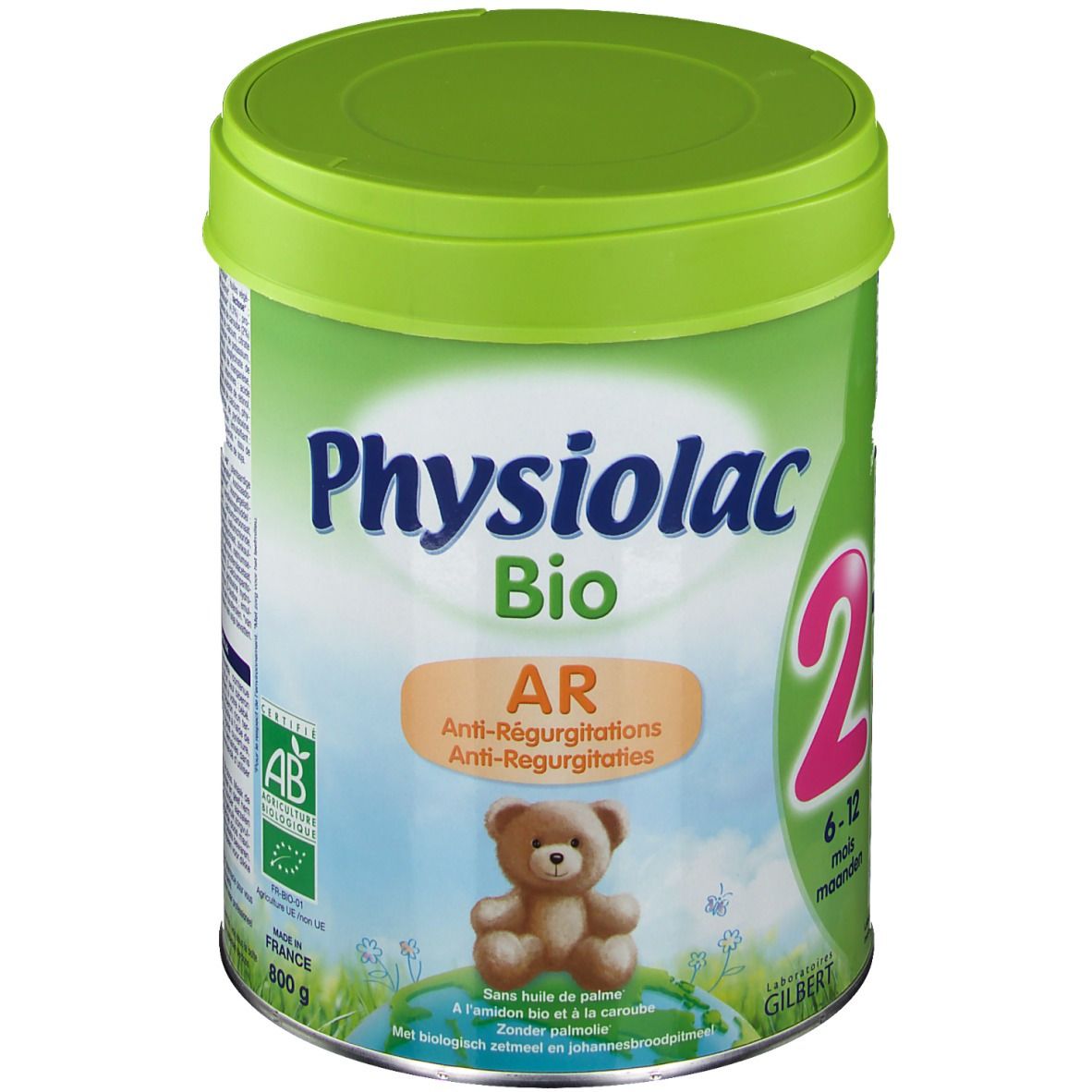 Barattolo verde con coperchio. Scritta: Physiolac Bio AR 2. Illustrazione orsetto e testo. Certificazione bio.