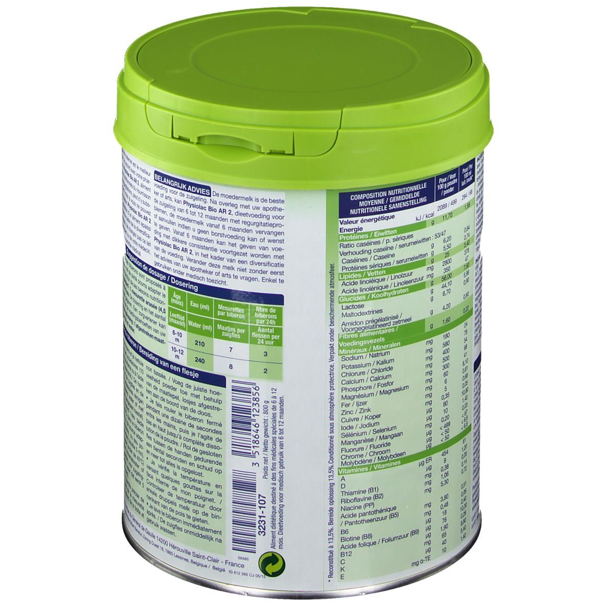 Barattolo con coperchio verde. Retro con testo e informazioni nutrizionali. Informazioni produttore e codice a barre.