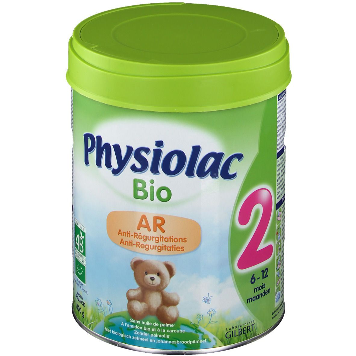 Barattolo verde con coperchio. Scritta: Physiolac Bio AR 2. Illustrazione orsetto e testo. Certificazione bio.