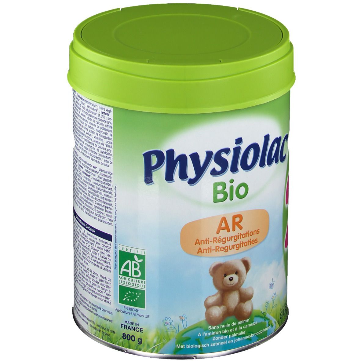 Barattolo verde con coperchio. Scritta: Physiolac Bio AR 2. Illustrazione orsetto e testo. Certificazione bio.