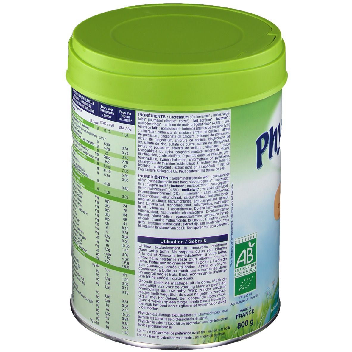 Barattolo con coperchio verde. Retro con testo e informazioni nutrizionali. Certificazione bio e informazioni produttore.