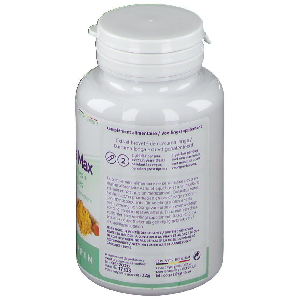 Retro del flacone bianco "Curcuma Max". Contiene informazioni sugli ingredienti e il dosaggio. Logo Leppin in basso a sinistra.