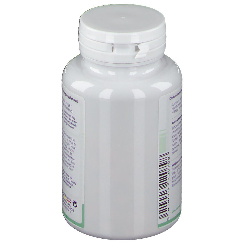 Flacone bianco "Curcuma Max" di lato. Etichetta con informazioni. Codice a barre e contrassegno verde.