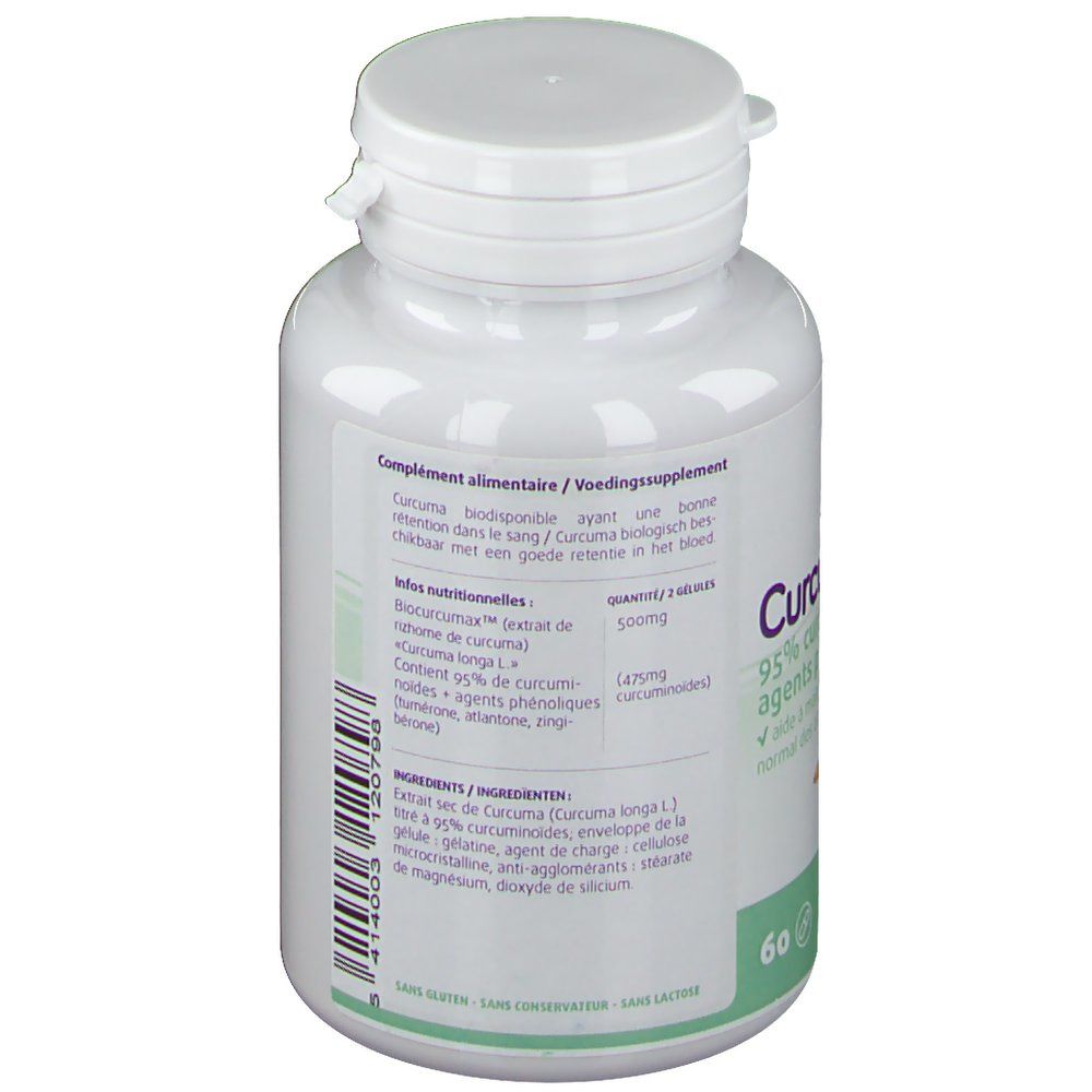 Retro del flacone bianco "Curcuma Max". Contiene informazioni sugli ingredienti e il dosaggio. 60 capsule.
