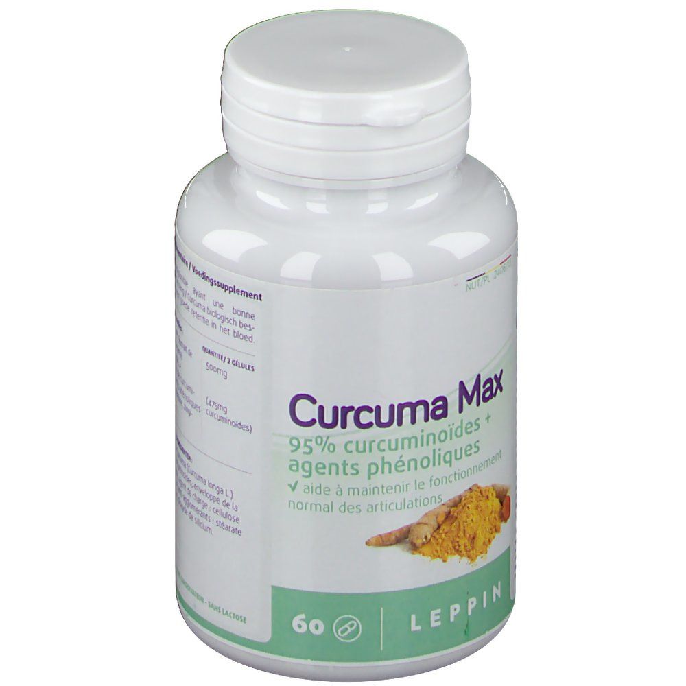 Flacone bianco "Curcuma Max". Contiene 60 capsule. Logo Leppin in basso a destra. Illustrazione di curcuma e zenzero.