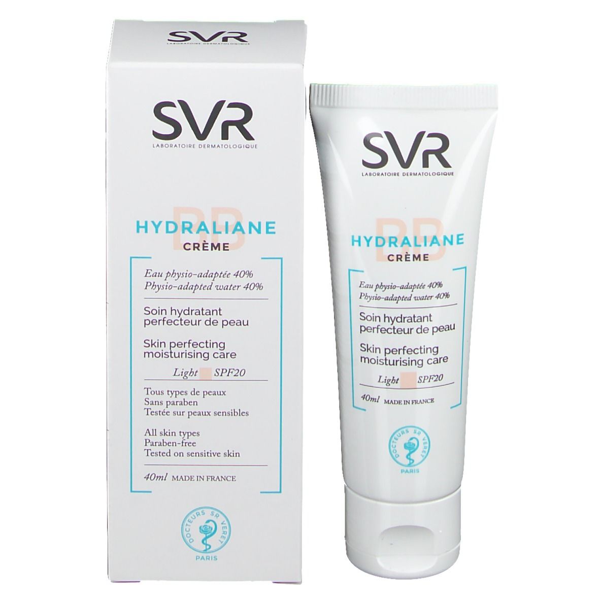 Confezione con tubo e scatola. SVR HYDRALIANE CRÈME, SPF20, 40ml. Scritte in francese.