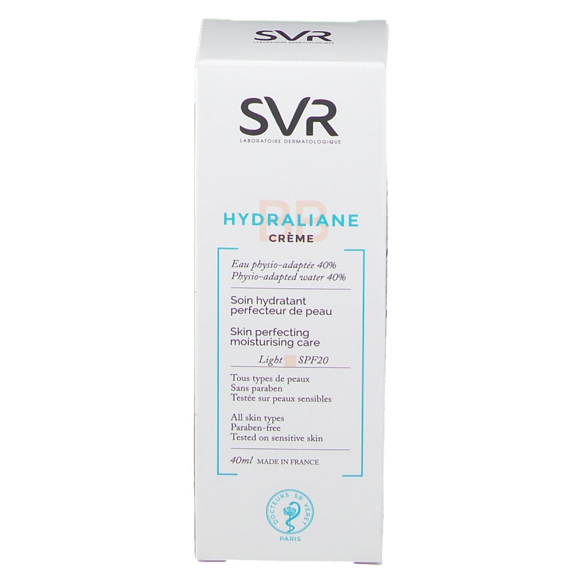 Scatola bianca SVR HYDRALIANE CRÈME, SPF20, 40ml. Scritte in francese.